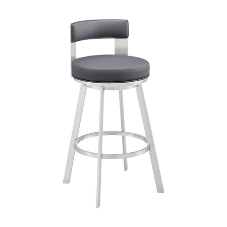 Armen Living Lynof Swivel Bar Stool in Silver Metal with Gray Faux Leather 840254335530